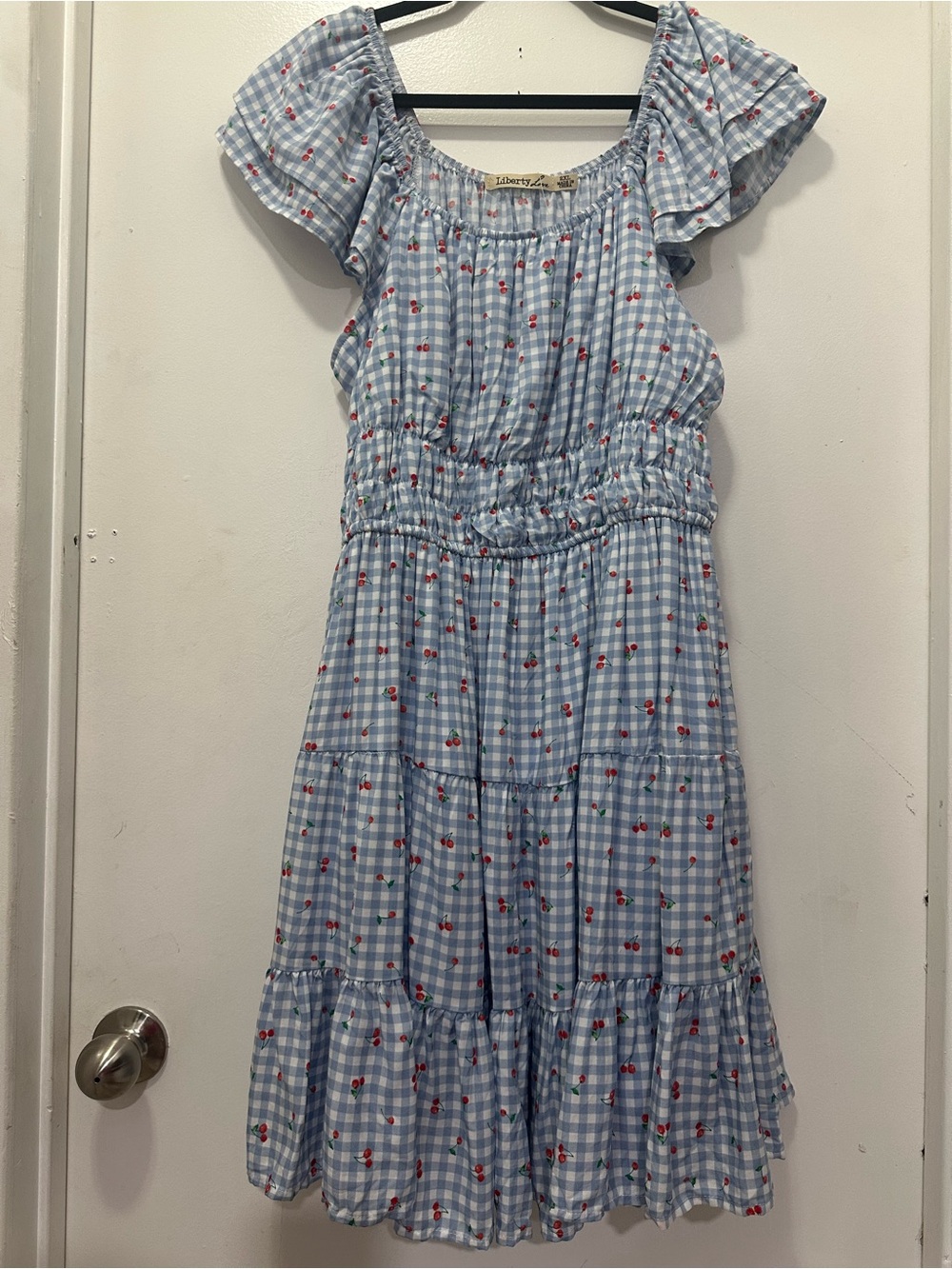 Liberty Love Light Blue Gingham Dress with Cherry Print